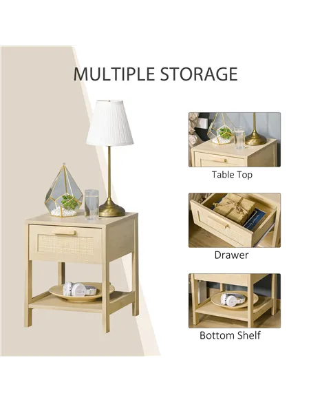 HOMCOM Nightstand with Rattan Drawer and Storage Shelf, Bedside End Table for Bedroom, Living Room