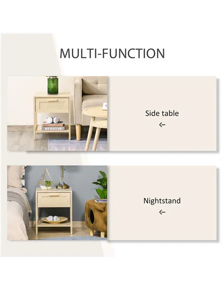 HOMCOM Nightstand with Rattan Drawer and Storage Shelf, Bedside End Table for Bedroom, Living Room