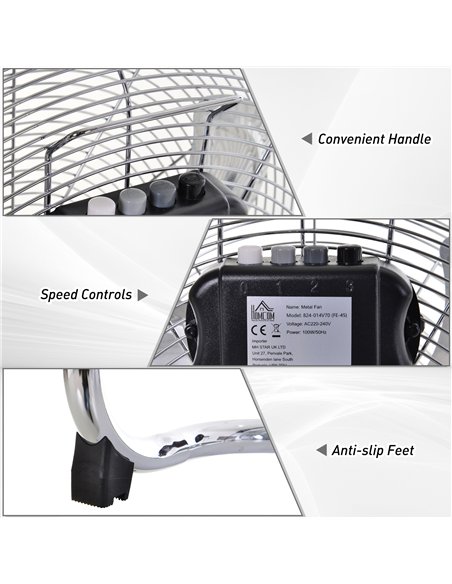 HOMCOM 20" Chrome Metal Floor Fan with Tilting, High Velocity, 3 Speed, Portable Gym Fan for Home Office, Silver