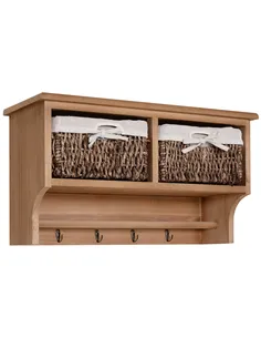 HOMCOM Entryway Coat Rack Wall Mounted Shelf w/ 2 Corn Husk Baskets and Hooks, Brown