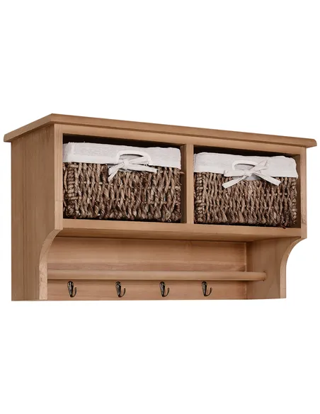 HOMCOM Entryway Coat Rack Wall Mounted Shelf w/ 2 Corn Husk Baskets and Hooks, Brown