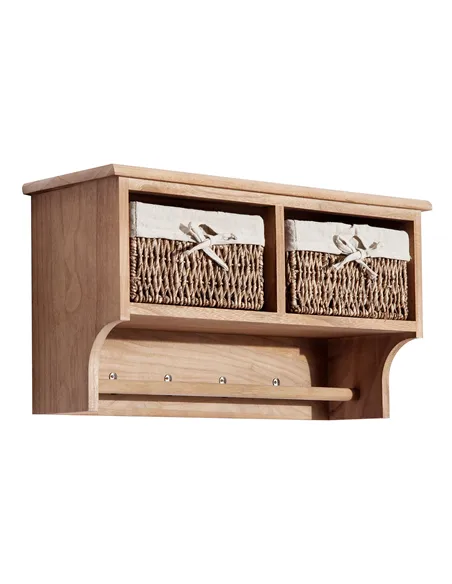HOMCOM Entryway Coat Rack Wall Mounted Shelf w/ 2 Corn Husk Baskets and Hooks, Brown