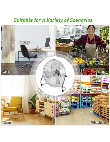 HOMCOM 20" Chrome Metal Floor Fan with Tilting, High Velocity, 3 Speed, Portable Gym Fan for Home Office, Silver