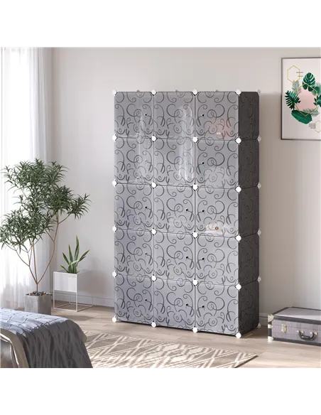 HOMCOM Portable Wardrobe for Bedroom, 15 Cube Closet with Hanging Rail, Modular Storage Cabinet, Plastic Armoire for Space Savin