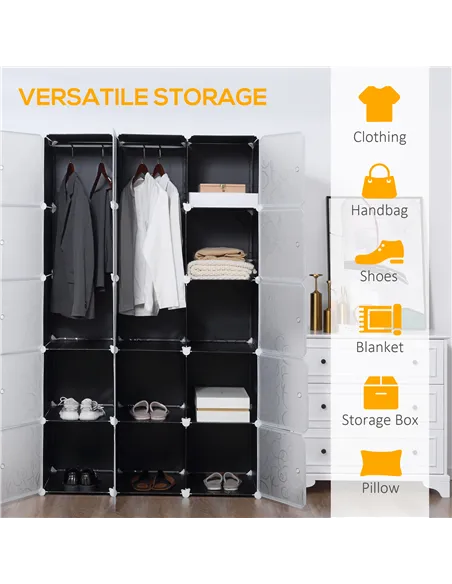 HOMCOM Portable Wardrobe for Bedroom, 15 Cube Closet with Hanging Rail, Modular Storage Cabinet, Plastic Armoire for Space Savin