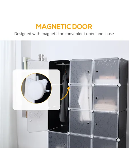 HOMCOM Portable Wardrobe for Bedroom, 15 Cube Closet with Hanging Rail, Modular Storage Cabinet, Plastic Armoire for Space Savin