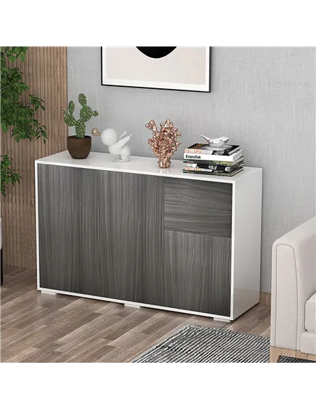 HOMCOM High Gloss Frame Sideboard, Side Cabinet, Push-Open Design with 2 Drawer for Living Room, Bedroom, Light Grey and White