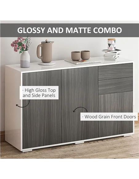 HOMCOM High Gloss Frame Sideboard, Side Cabinet, Push-Open Design with 2 Drawer for Living Room, Bedroom, Light Grey and White