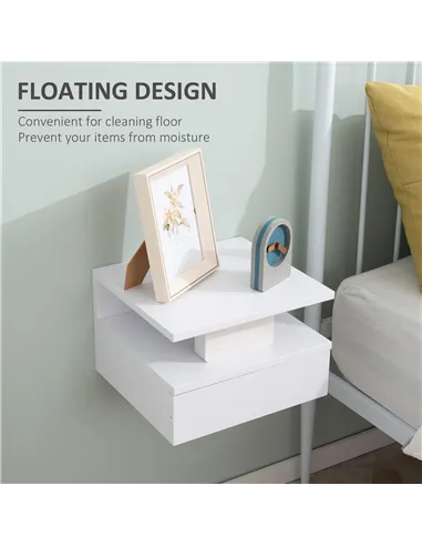 HOMCOM Set of Two Floating Bedside Tables - White