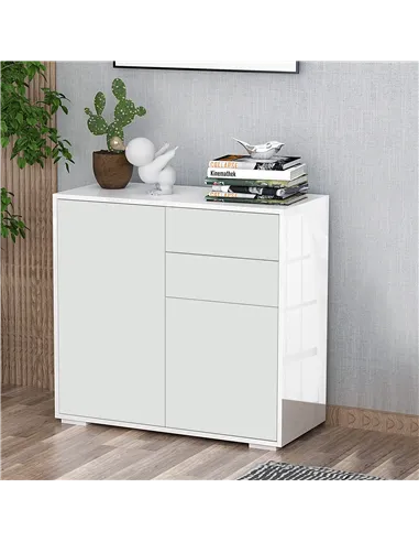 HOMCOM High Gloss Frame Sideboard, Push-Open Design with 2 Drawer for Living Room, Bedroom, 74H x 79W x 36Dcm, White