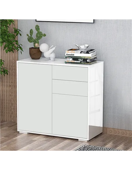 HOMCOM High Gloss Frame Sideboard, Push-Open Design with 2 Drawer for Living Room, Bedroom, 74H x 79W x 36Dcm, White