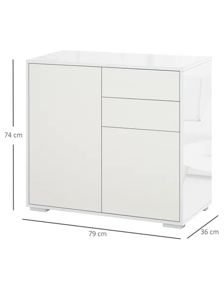 HOMCOM High Gloss Frame Sideboard, Push-Open Design with 2 Drawer for Living Room, Bedroom, 74H x 79W x 36Dcm, White