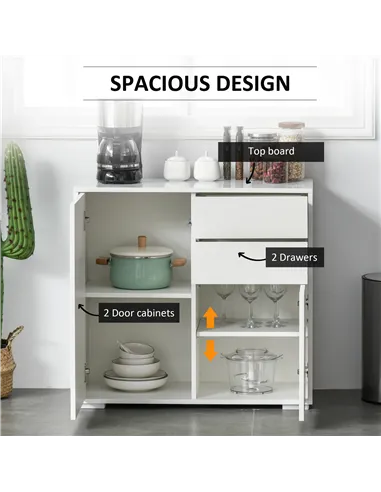 HOMCOM High Gloss Frame Sideboard, Push-Open Design with 2 Drawer for Living Room, Bedroom, 74H x 79W x 36Dcm, White