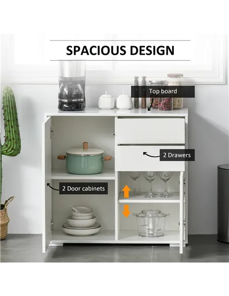 HOMCOM High Gloss Frame Sideboard, Push-Open Design with 2 Drawer for Living Room, Bedroom, 74H x 79W x 36Dcm, White