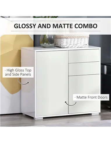 HOMCOM High Gloss Frame Sideboard, Push-Open Design with 2 Drawer for Living Room, Bedroom, 74H x 79W x 36Dcm, White