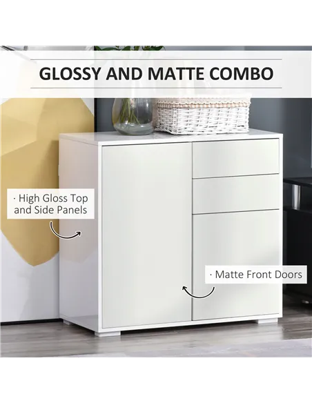 HOMCOM High Gloss Frame Sideboard, Push-Open Design with 2 Drawer for Living Room, Bedroom, 74H x 79W x 36Dcm, White