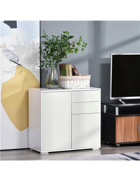 HOMCOM High Gloss Frame Sideboard, Push-Open Design with 2 Drawer for Living Room, Bedroom, 74H x 79W x 36Dcm, White