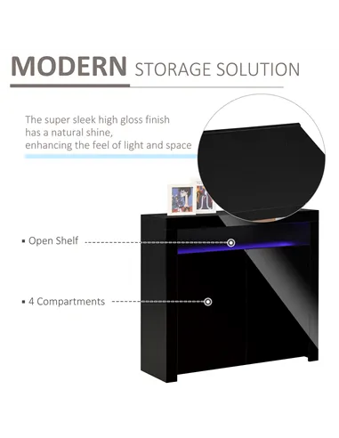 HOMCOM LED Storage Cabinet, Cupboard with High Gloss Front and RGB Lighting, Modern Sideboard for Entryway, Dining Area, Living 