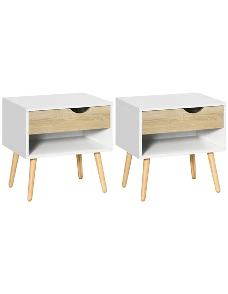 HOMCOM Set of 2 Bedside Table with Drawer and Shelf