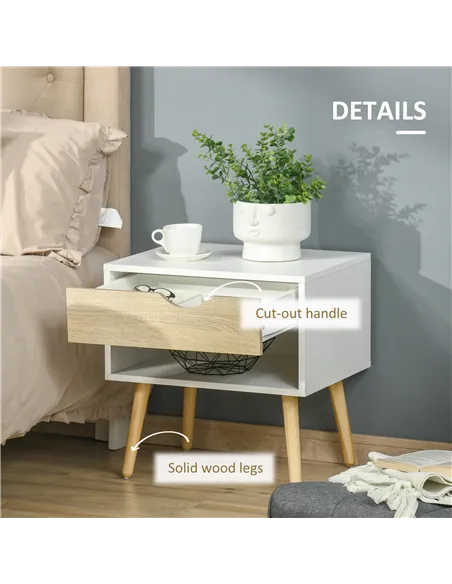 HOMCOM Set of 2 Bedside Table with Drawer and Shelf