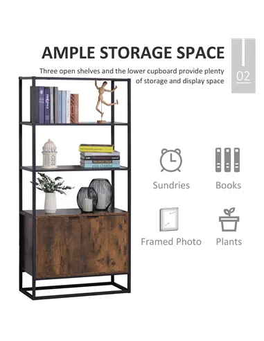 HOMCOM Industrial Bookshelf, Storage Shelf, Large Bookcase with 3 Open Shelves, Multifunctional Rack for Living Room, Office, Ru