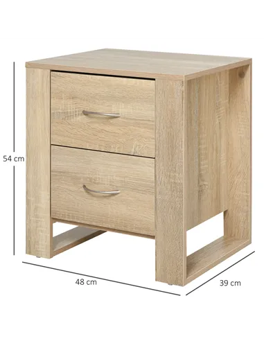 HOMCOM Bedside Table with 2 Drawers, Nightstand with Handles and Elevated Base, Side Table for Bedroom, Living Room, Brown