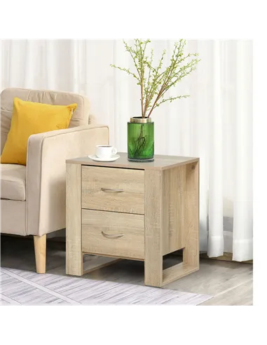 HOMCOM Bedside Table with 2 Drawers, Nightstand with Handles and Elevated Base, Side Table for Bedroom, Living Room, Brown