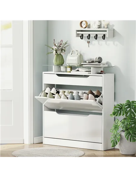 HOMCOM Shoe Storage Cabinet with Slide Out Drawer, 2 Flip Doors, Tempered Glass Top - White