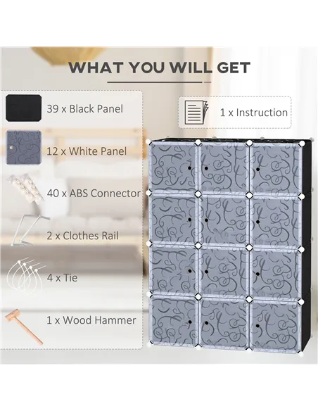 HOMCOM Portable Wardrobe for Bedroom, 12 Cube Closet with 2 Hanging Rails, Modular Storage Cabinet, Plastic Armoire for Space Sa