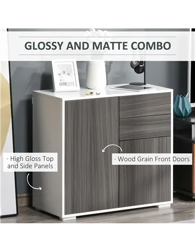 HOMCOM High Gloss Frame Sideboard, Side Cabinet, Push-Open Design with 2 Drawer for Living Room, Bedroom, Grey