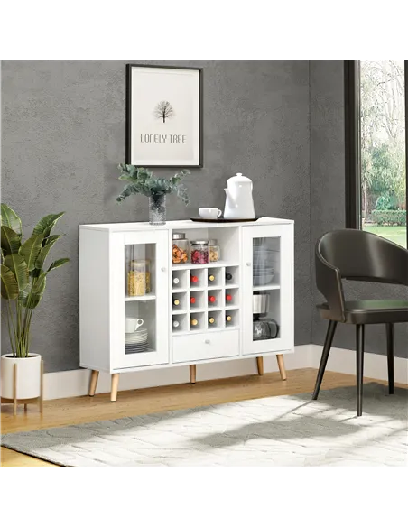HOMCOM Modern Sideboard Storage Cabinet Kitchen Cupboard Dining Bar Server with Glass Doors, Drawer & 12-Bottle Wine Rack for Li