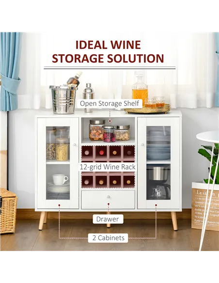 HOMCOM Modern Sideboard Storage Cabinet Kitchen Cupboard Dining Bar Server with Glass Doors, Drawer & 12-Bottle Wine Rack for Li