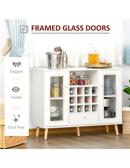 HOMCOM Modern Sideboard Storage Cabinet Kitchen Cupboard Dining Bar Server with Glass Doors, Drawer & 12-Bottle Wine Rack for Li