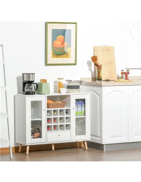 HOMCOM Modern Sideboard Storage Cabinet Kitchen Cupboard Dining Bar Server with Glass Doors, Drawer & 12-Bottle Wine Rack for Li