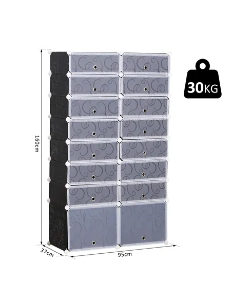 HOMCOM 16 Cube Shoe Rack, 2 x 8 Tier Shoe Storage Cabinet, Modular Plastic Shelves for Bedroom, Living Room and Entryway, Space 