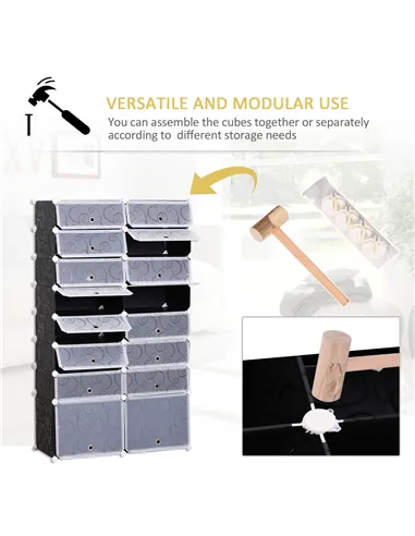 HOMCOM 16 Cube Shoe Rack, 2 x 8 Tier Shoe Storage Cabinet, Modular Plastic Shelves for Bedroom, Living Room and Entryway, Space 