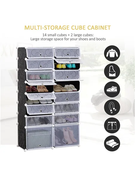 HOMCOM 16 Cube Shoe Rack, 2 x 8 Tier Shoe Storage Cabinet, Modular Plastic Shelves for Bedroom, Living Room and Entryway, Space 