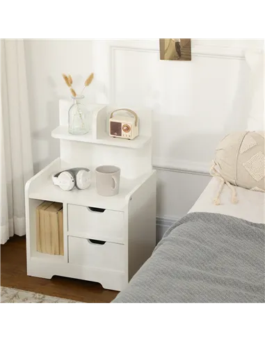 HOMCOM Bedside Table, Small Bedside Cabinet with 2 Drawers and Storage Shelves, Accent Table for Living Room, Bedroom, White