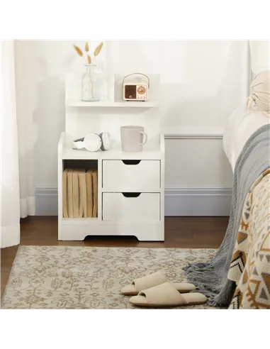HOMCOM Bedside Table, Small Bedside Cabinet with 2 Drawers and Storage Shelves, Accent Table for Living Room, Bedroom, White