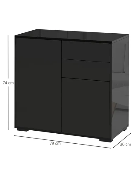 HOMCOM High Gloss Frame Sideboard, Push-Open Design with 2 Drawers for Living Room, Bedroom, 74H x 79W x 36Dcm, Black