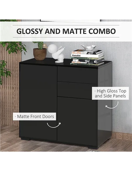 HOMCOM High Gloss Frame Sideboard, Push-Open Design with 2 Drawers for Living Room, Bedroom, 74H x 79W x 36Dcm, Black