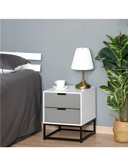 HOMCOM Bedside Cabinet with 2 Drawer Storage Unit, Unique Shape Bedroom Table Nightstand with Metal Base, for Living Room, Study
