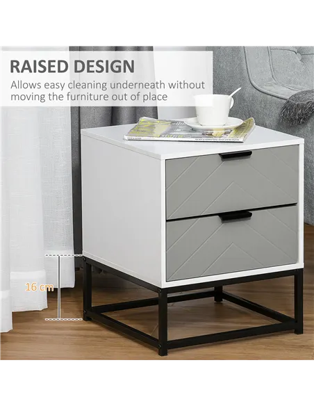 HOMCOM Bedside Cabinet with 2 Drawer Storage Unit, Unique Shape Bedroom Table Nightstand with Metal Base, for Living Room, Study