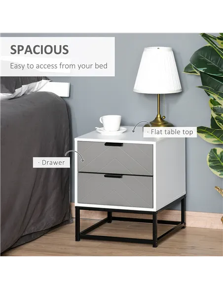 HOMCOM Bedside Cabinet with 2 Drawer Storage Unit, Unique Shape Bedroom Table Nightstand with Metal Base, for Living Room, Study