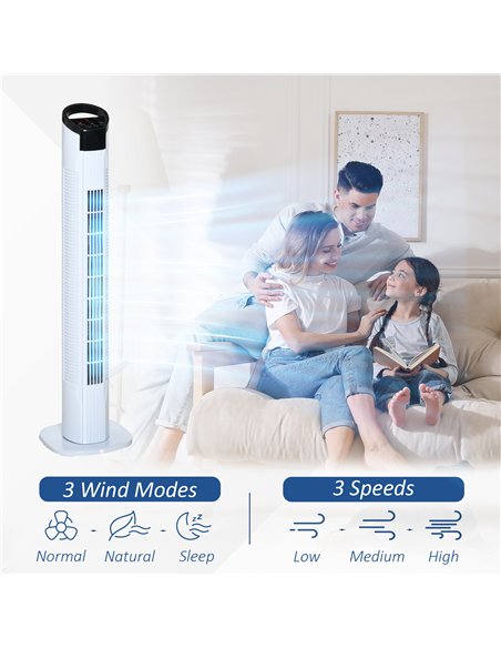 HOMCOM 31" Freestanding Tower Fan, 3 Speed 3 Mode, 7.5H Timer, Oscillating, LED Panel, Remote Control, 31 Inch Standing Fan, Whi