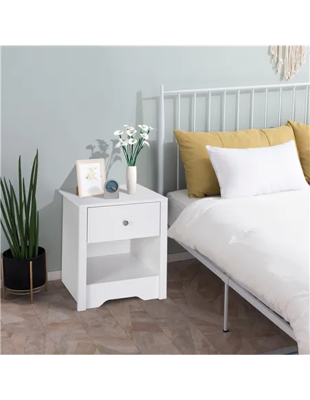 HOMCOM Modern Bedside Table, Nightstand with Drawer Shelf, End Table for Living room, Bedroom White