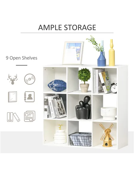 HOMCOM 3-tier 9 Cubes Storage Unit Particle Board Cupboard Bookcase Organiser Home Office Shelves, White