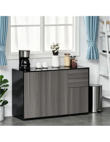 HOMCOM High Gloss Side Cabinet, Push-Open Design with 2 Drawers and 2 Cabinets for Living Room, 74H x 117W x 36Dcm, Light Grey a