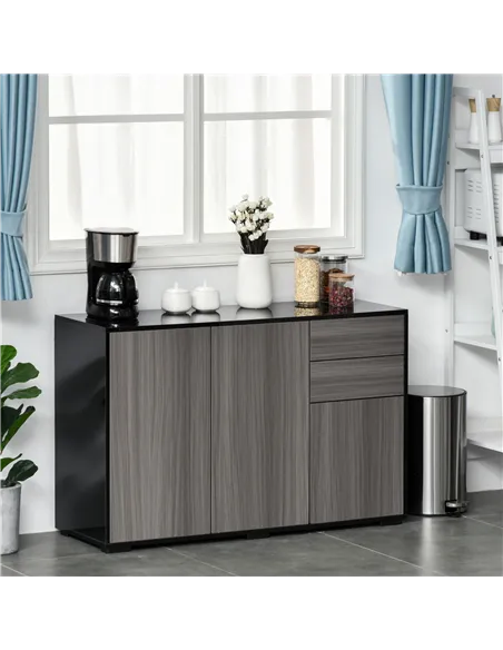 HOMCOM High Gloss Side Cabinet, Push-Open Design with 2 Drawers and 2 Cabinets for Living Room, 74H x 117W x 36Dcm, Light Grey a