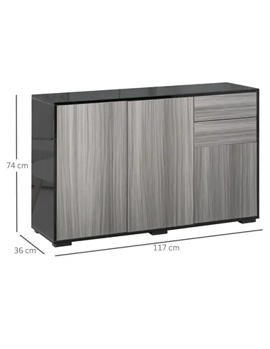 HOMCOM High Gloss Side Cabinet, Push-Open Design with 2 Drawers and 2 Cabinets for Living Room, 74H x 117W x 36Dcm, Light Grey a
